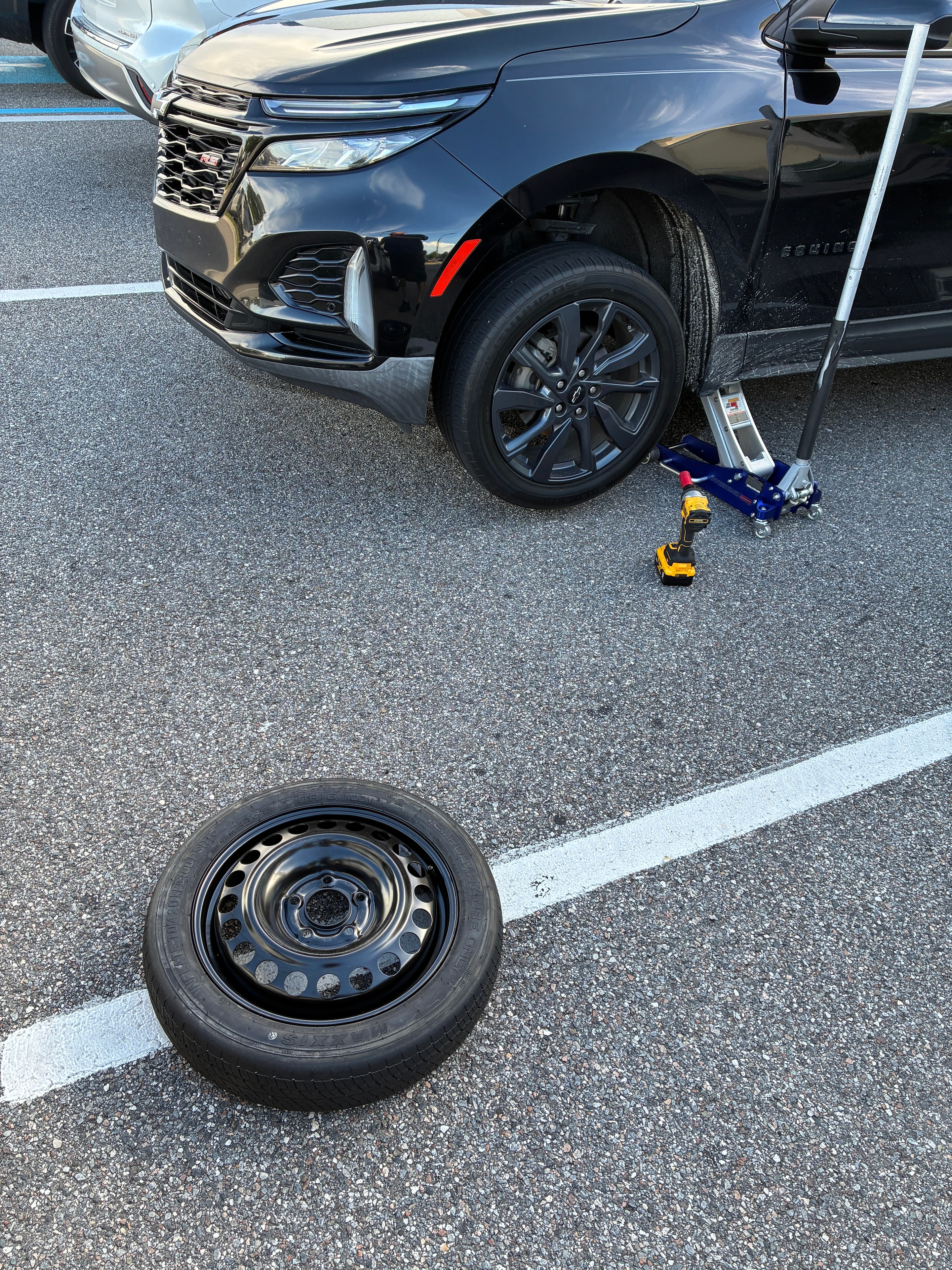Car tire change with jack and tools